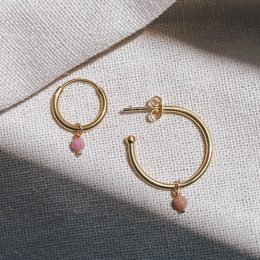 Hoops mit  Pink Rhodonite klein Anhänger Ohrring | Earring Gold